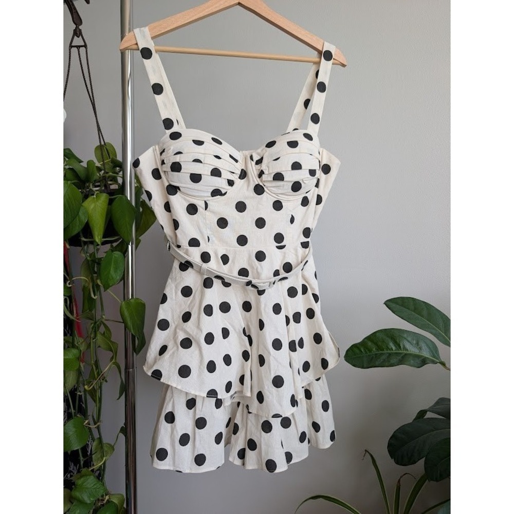 bustier cocktail dress L polka dot layered skort peplum belted cotton linen